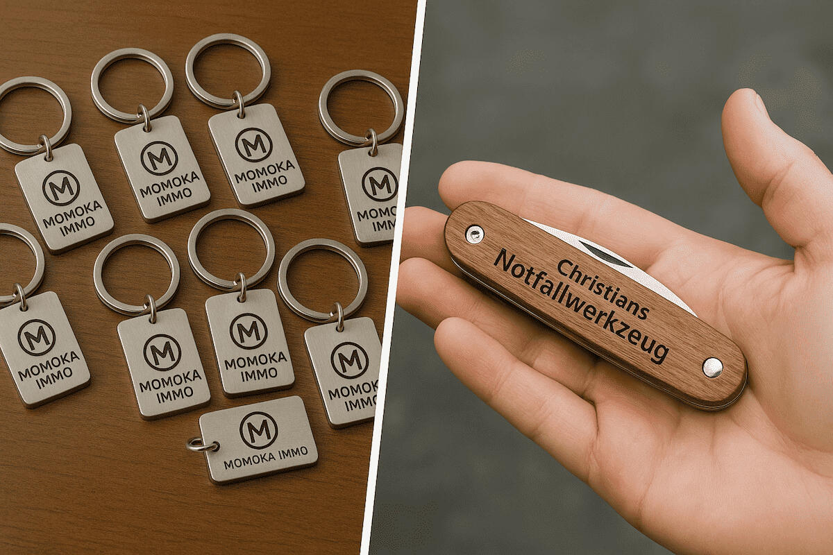 Gravur für Einzelstücke und Großaufträge Geteiltes Bild mit graviertem Taschenmesser als Einzelstück und mehreren gravierten Schlüsselanhängern als Großserie.