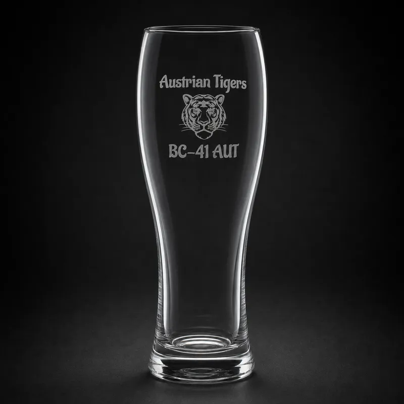 Weizenbierglas mit graviertem Vereinslogo, Tigerkopf und Kürzel, Studioaufnahme